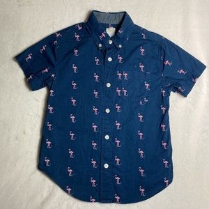J CREW CREWCUTS Boys Navy 6 - 7 Button Down Short Sleeve Shirt Top Flamingos